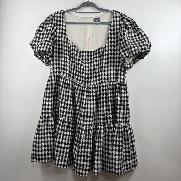 New Arula 1X Black White Gingham Plaid Babydoll Mini Dress Puff Sleeve Preppy - Picture 10 of 13